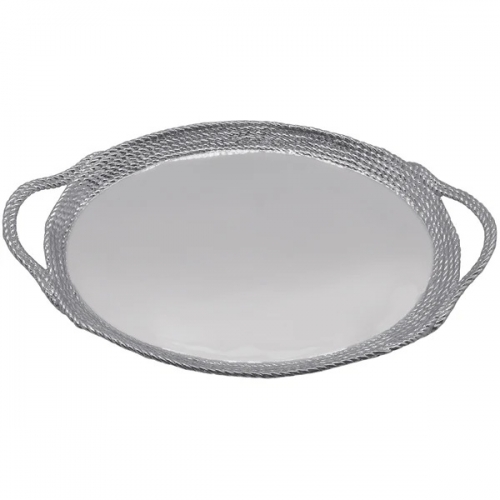 Rope Oval Cocktail Tray  20\ Length x 13.27\ Width x 2.68\ Height

Mariposa\'s fine metal is handcrafted from 100% recycled aluminum.
All items are food-safe and will not tarnish.

Care & Use:

Hand wash in warm water with mild soap and towel dry immediately.
Do not place in dishwasher or microwave.
Avoid extended contact with water, salty or acidic foods; coat lightly with vegetable oil or spray to easily avoid staining.
Warm to 350 degrees for hot foods. Freeze or chill for summer entertaining.
Cutting directly on the metal surface will scratch the finish.
Occasional use of non-abrasive metal polish will revive luster.